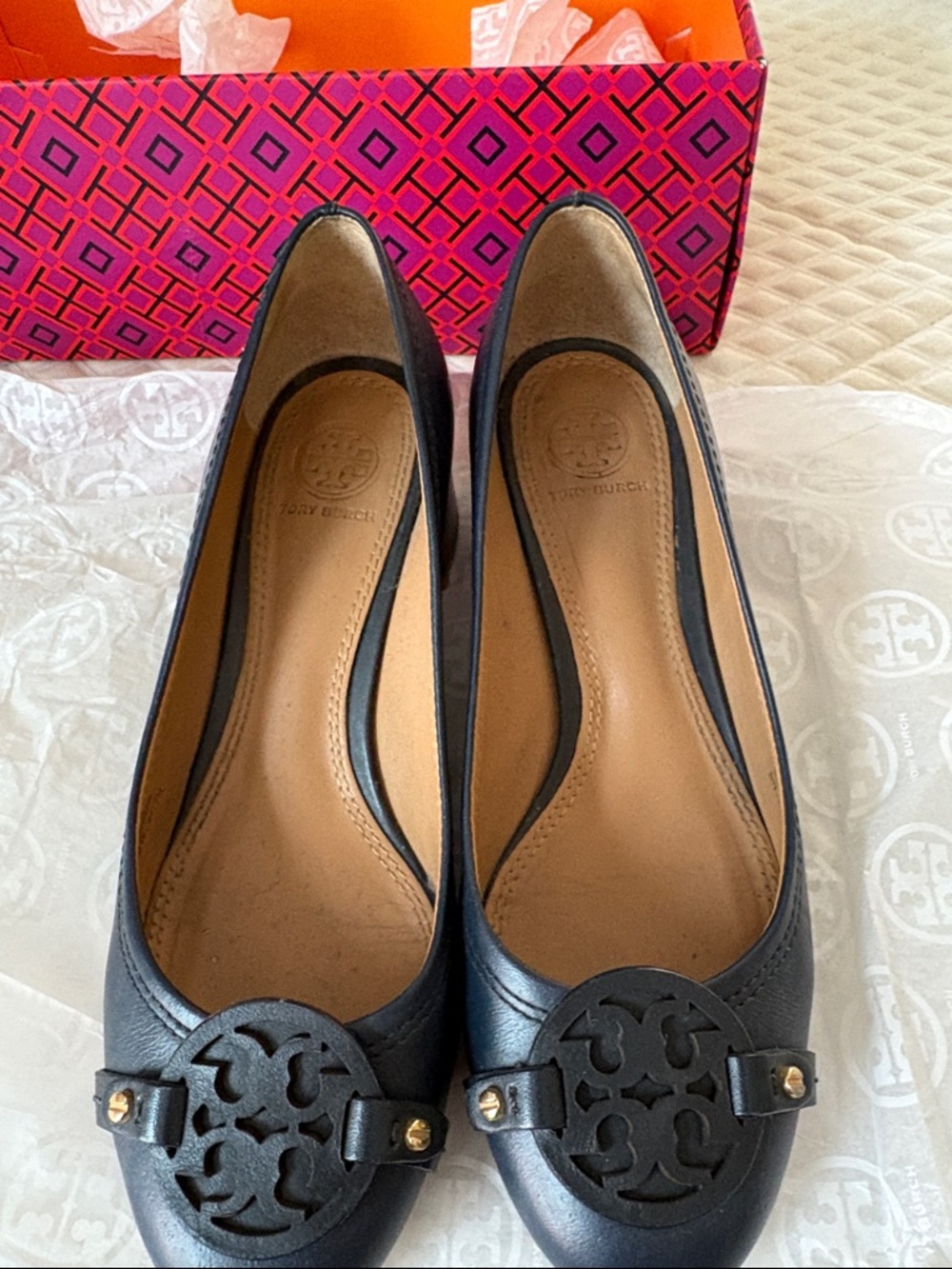 Tory Burch Black Leather Logo Cutout Ballet Flats